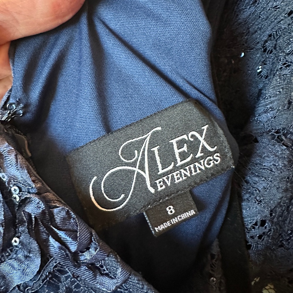 Alex Evenings Navy Blue Floral Lace Sequin Rosette Embellished Midi Dress Size 8 - Picture 4 of 16